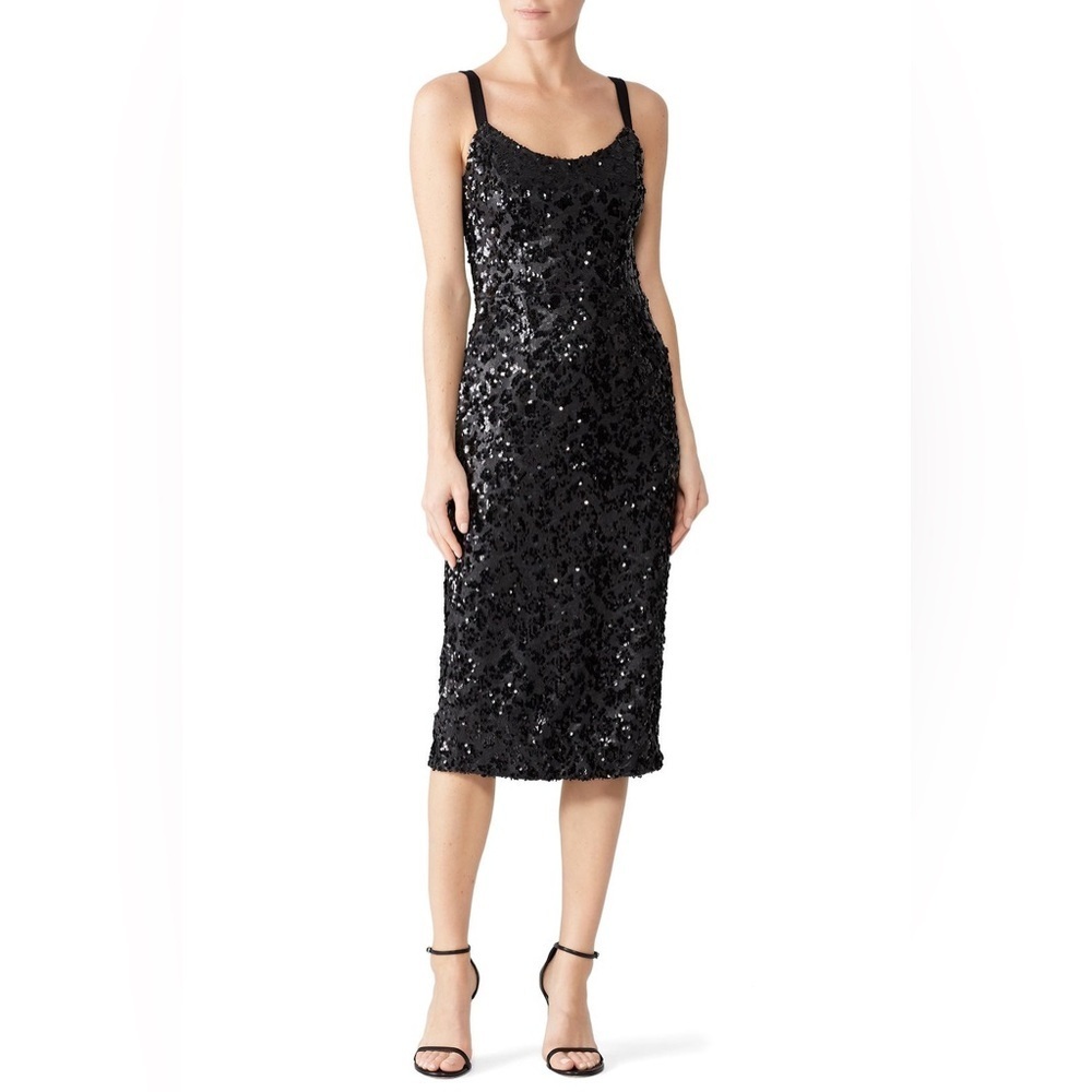 Dress the Population Lynda Black Sequin Cheetah Midi Length Dress Size S 4/6